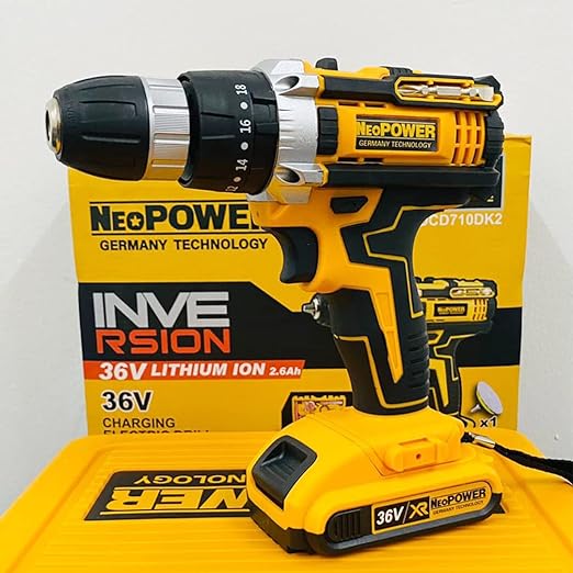 NeoPower Cordless Drill Machine with 2 Batteries Chargeable 17 Pieces Bits In Kit Box, 36v